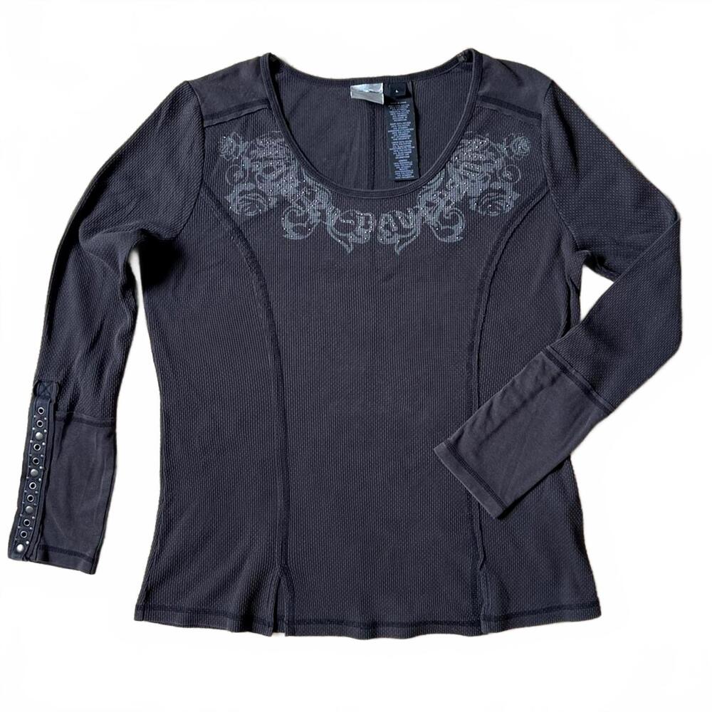 Harley Davidson Women’s Gray Black Thermal Long Sleeve Studded Top Size Large